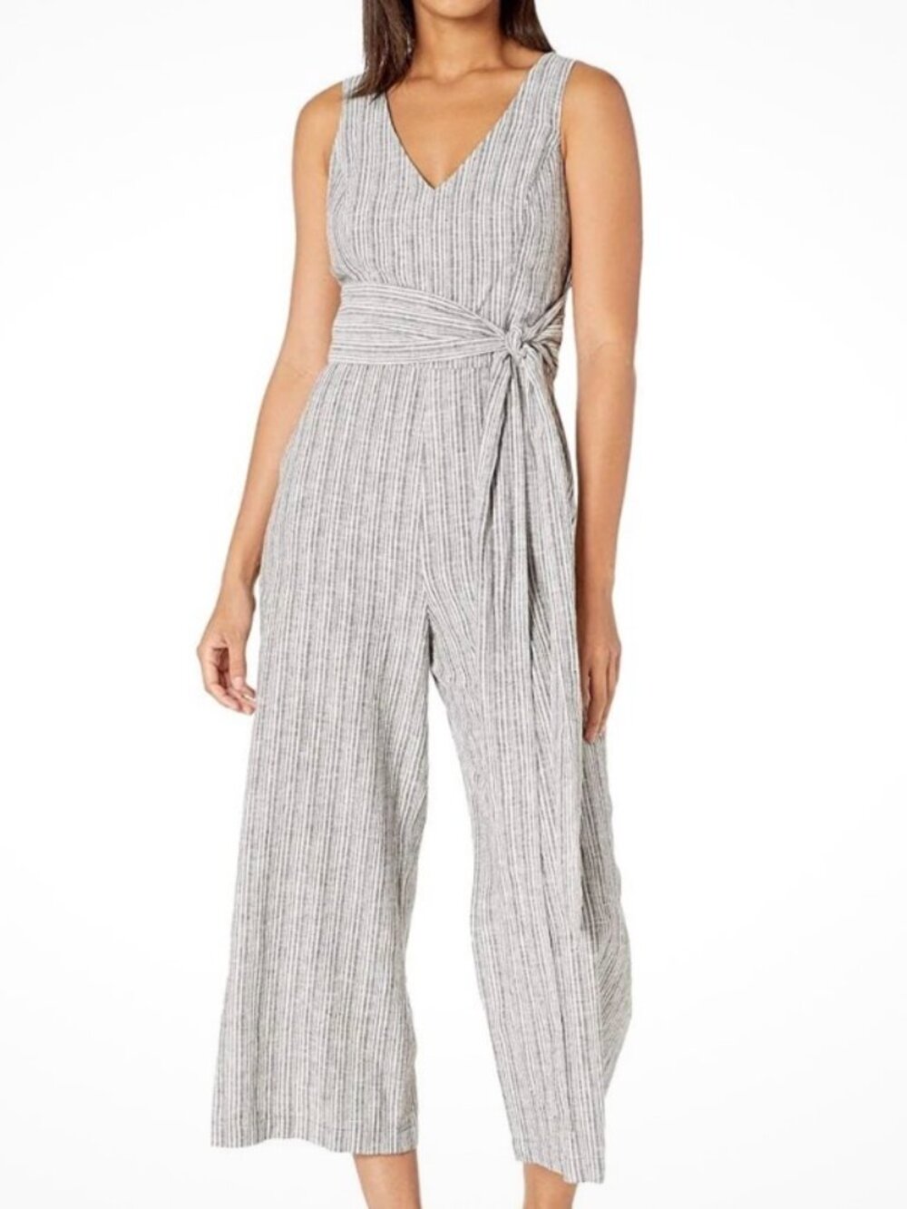 1.State Women Sleeveless V-neck Linen Blend Striped  LinedJumpsuit Size 4 EUC